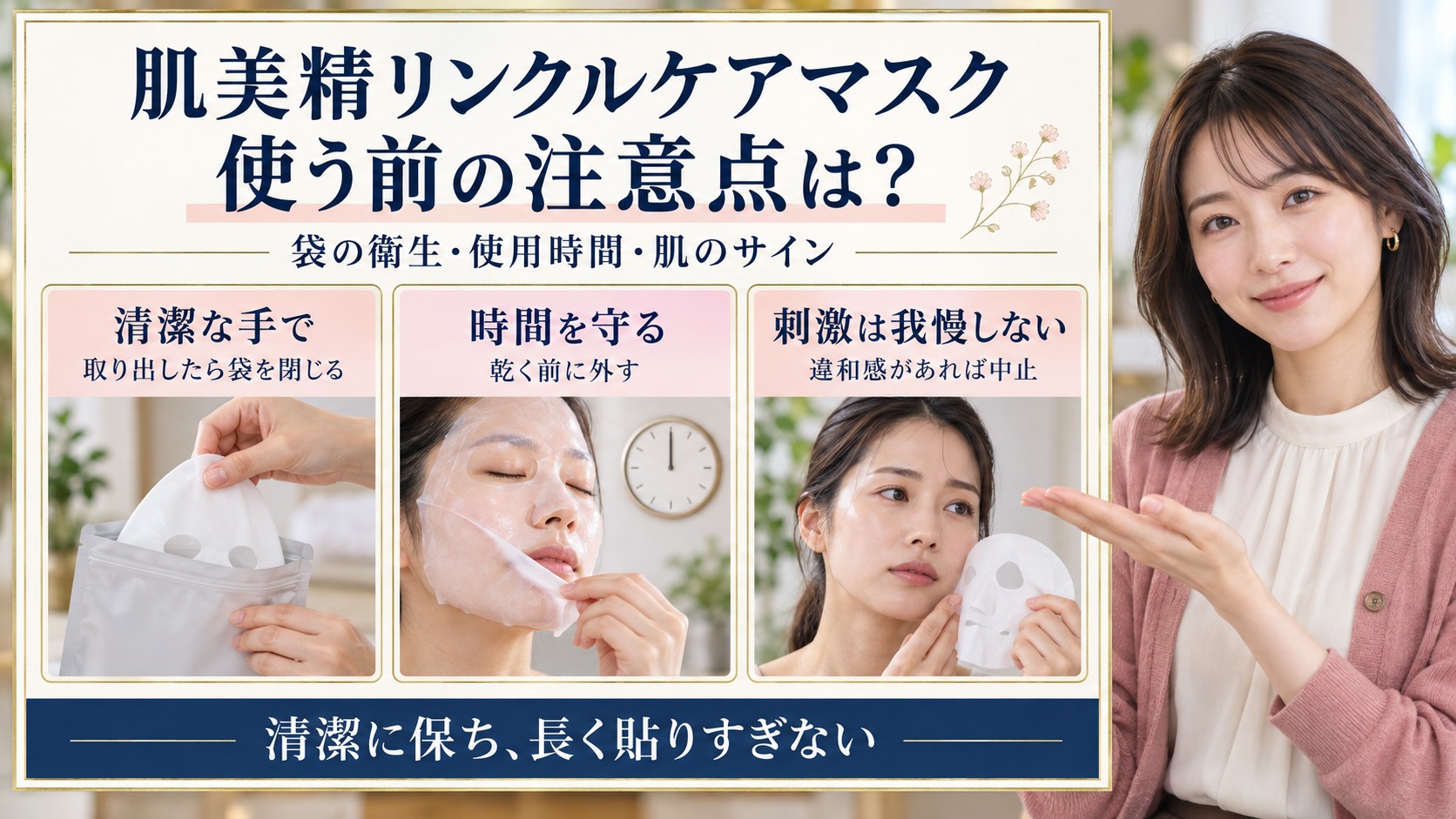 肌美精リンクルケアマスクの注意点。清潔な手で取り出して袋を閉じ、時間を守り、刺激や違和感があれば中止する。