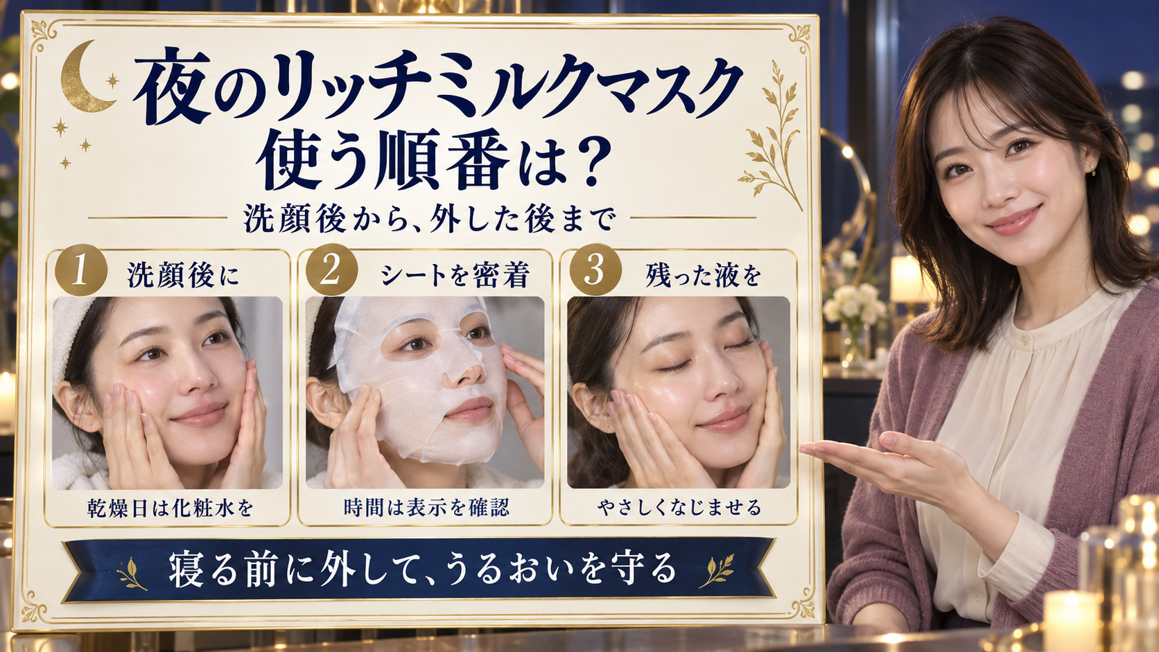 夜のリッチミルクマスクを洗顔後に密着させ、表示時間を確認して外し、残った液をやさしくなじませる夜の手順