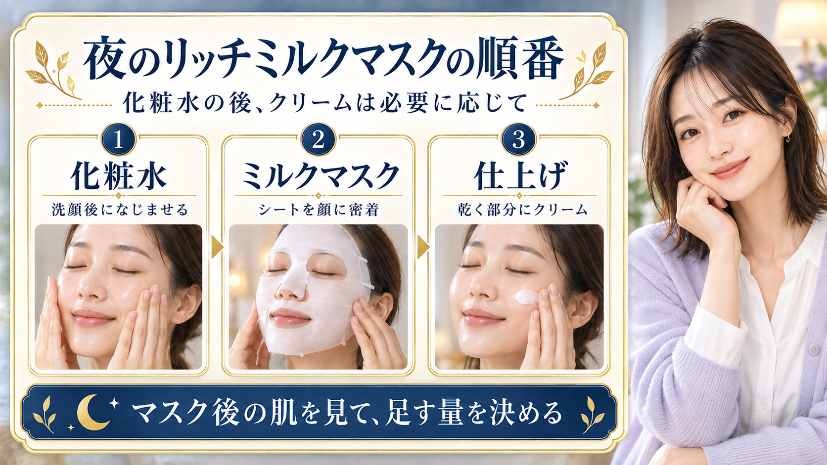 夜のリッチミルクマスクは化粧水の後に使い、マスク後の乾く部分に必要に応じてクリームを重ねる3段階
