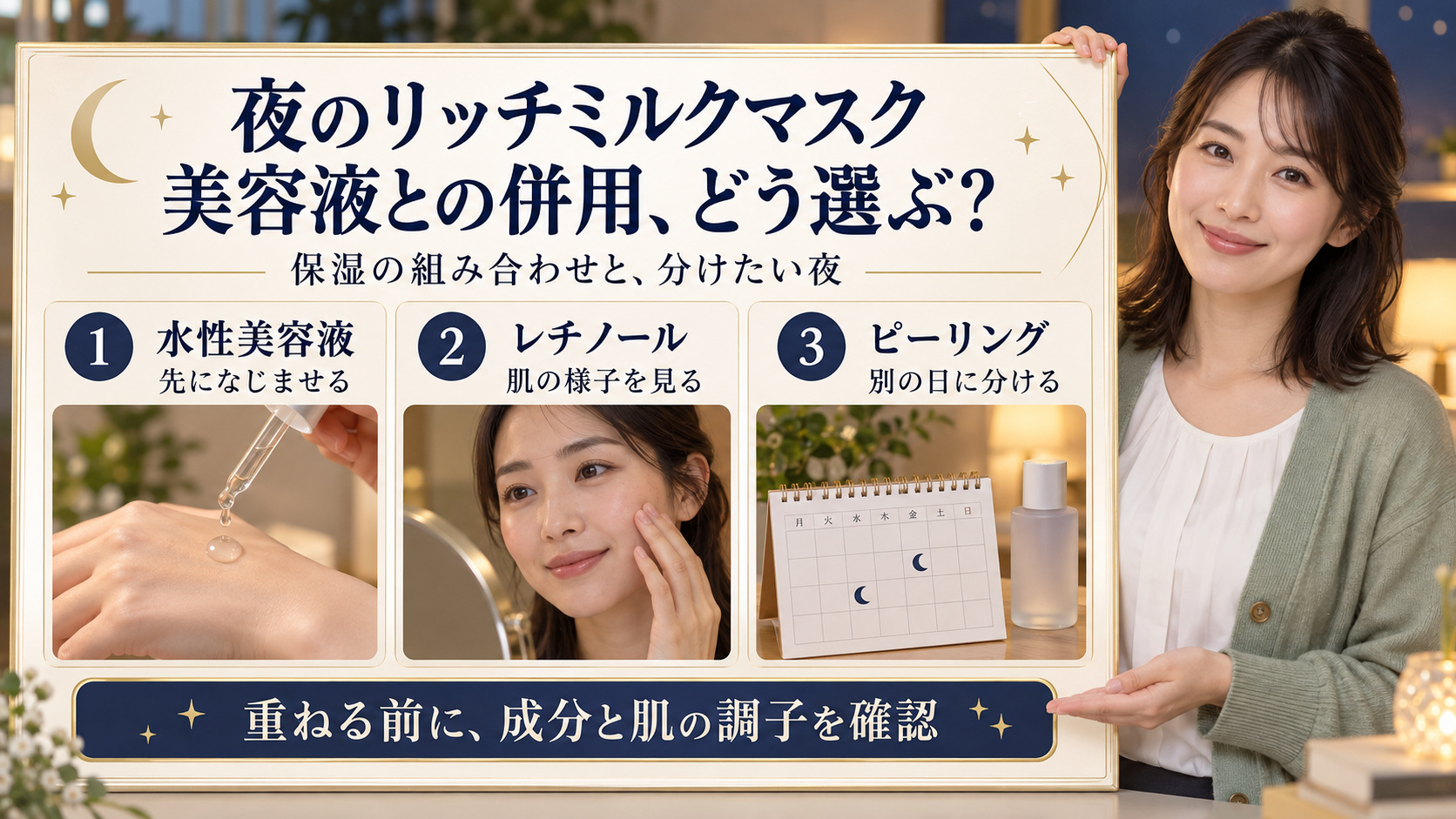 夜のリッチミルクマスクと美容液の併用を、水性美容液・レチノール・ピーリングの3つの視点で考えるボード