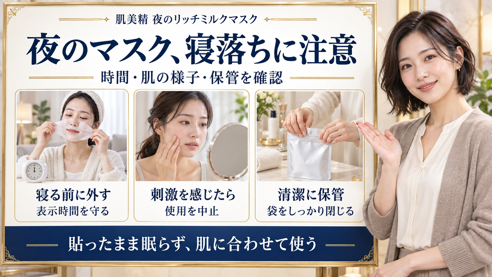 夜のリッチミルクマスクは寝る前に外し、刺激を感じたら使用を中止し、袋をしっかり閉じて清潔に保管する