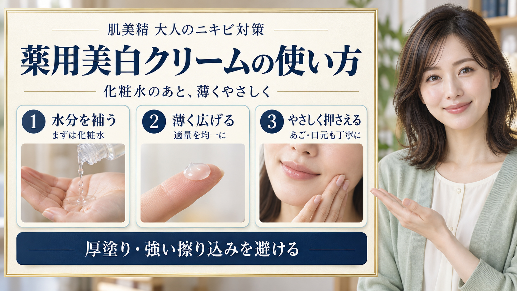 肌美精の薬用美白クリームを化粧水の後に薄く広げ、あごや口元をやさしく押さえる使用手順