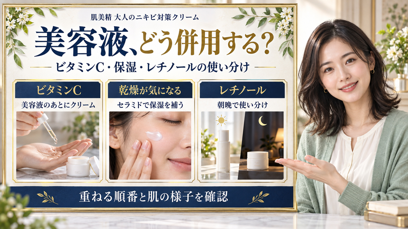 肌美精大人のニキビ対策クリームと美容液の併用。ビタミンC美容液のあとにクリーム、セラミドで保湿を補い、レチノールは朝晩で使い分ける3つの例。