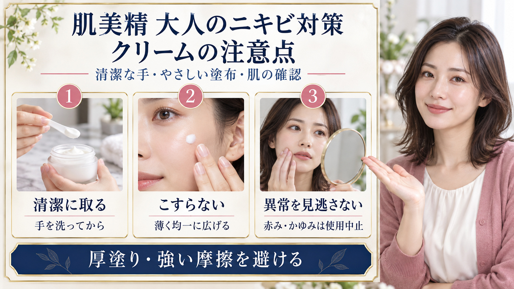 肌美精大人のニキビ対策クリームの注意点。清潔に取り、こすらず薄く広げ、赤みやかゆみは使用を中止する。
