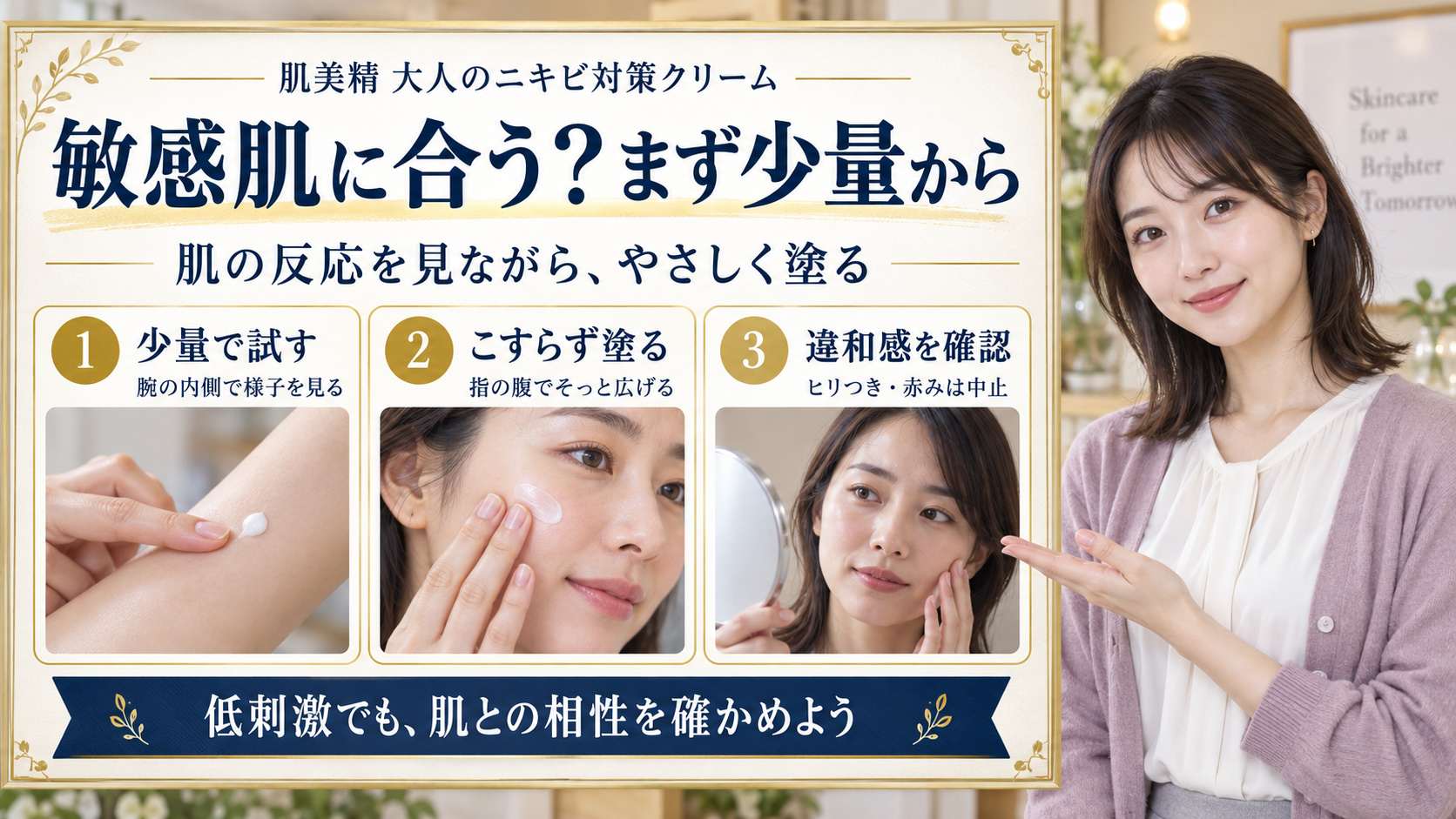 肌美精大人のニキビ対策クリームは敏感肌に合うか、少量で試す・こすらず塗る・違和感を確認する三つのポイント