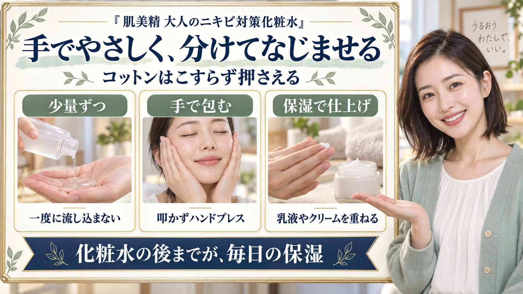 肌美精大人のニキビ対策化粧水を少量ずつ手でなじませ、乳液やクリームで保湿する三つの手順