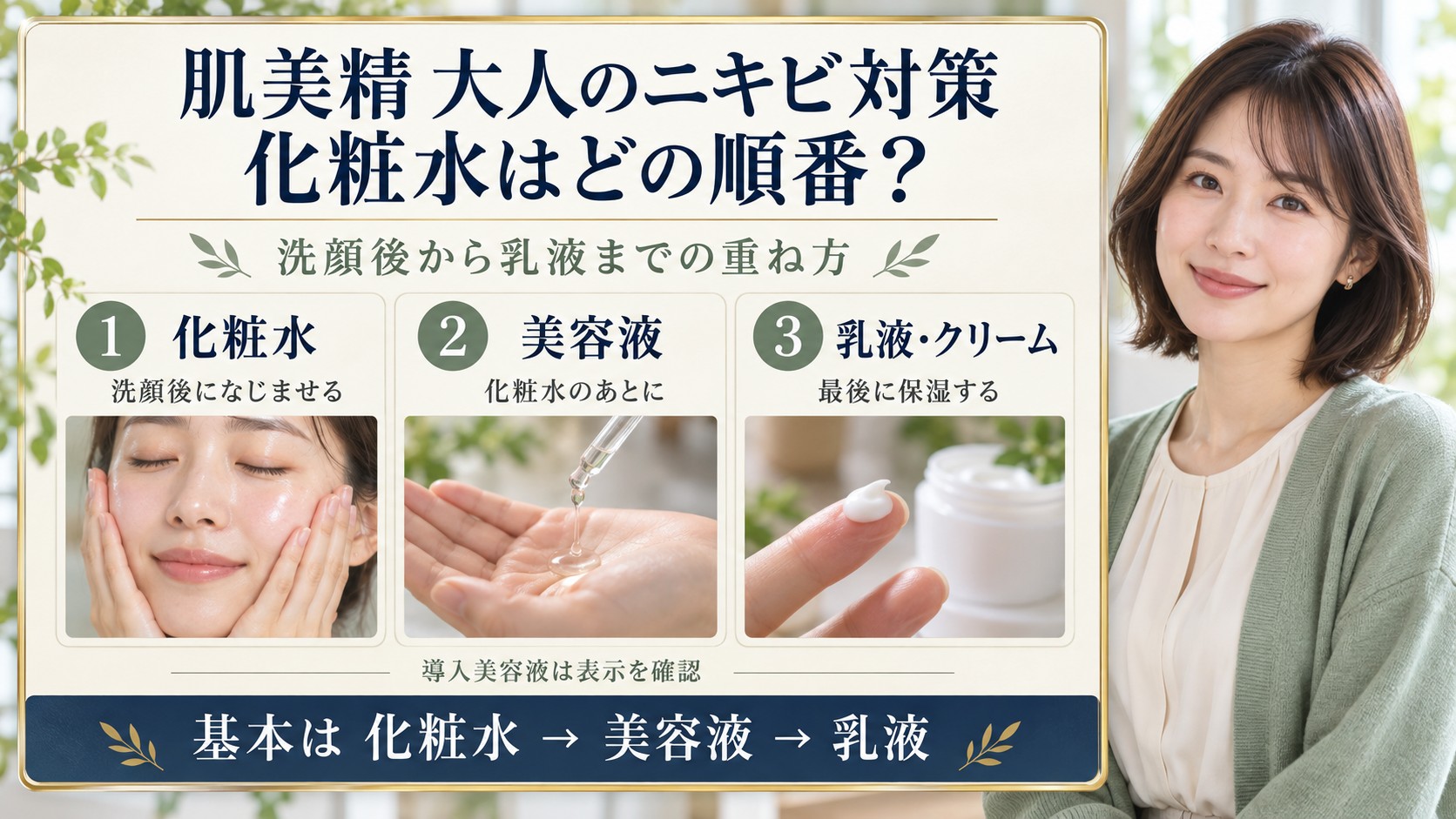 肌美精大人のニキビ対策化粧水を洗顔後になじませ、美容液、乳液・クリームの順で重ねる基本を示す3枚の写真付きボード