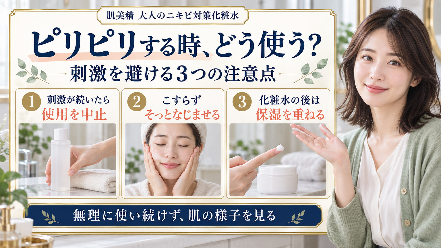 肌美精大人のニキビ対策化粧水で刺激が続く時は使用を中止し、こすらずなじませて保湿を重ねる３つの注意点