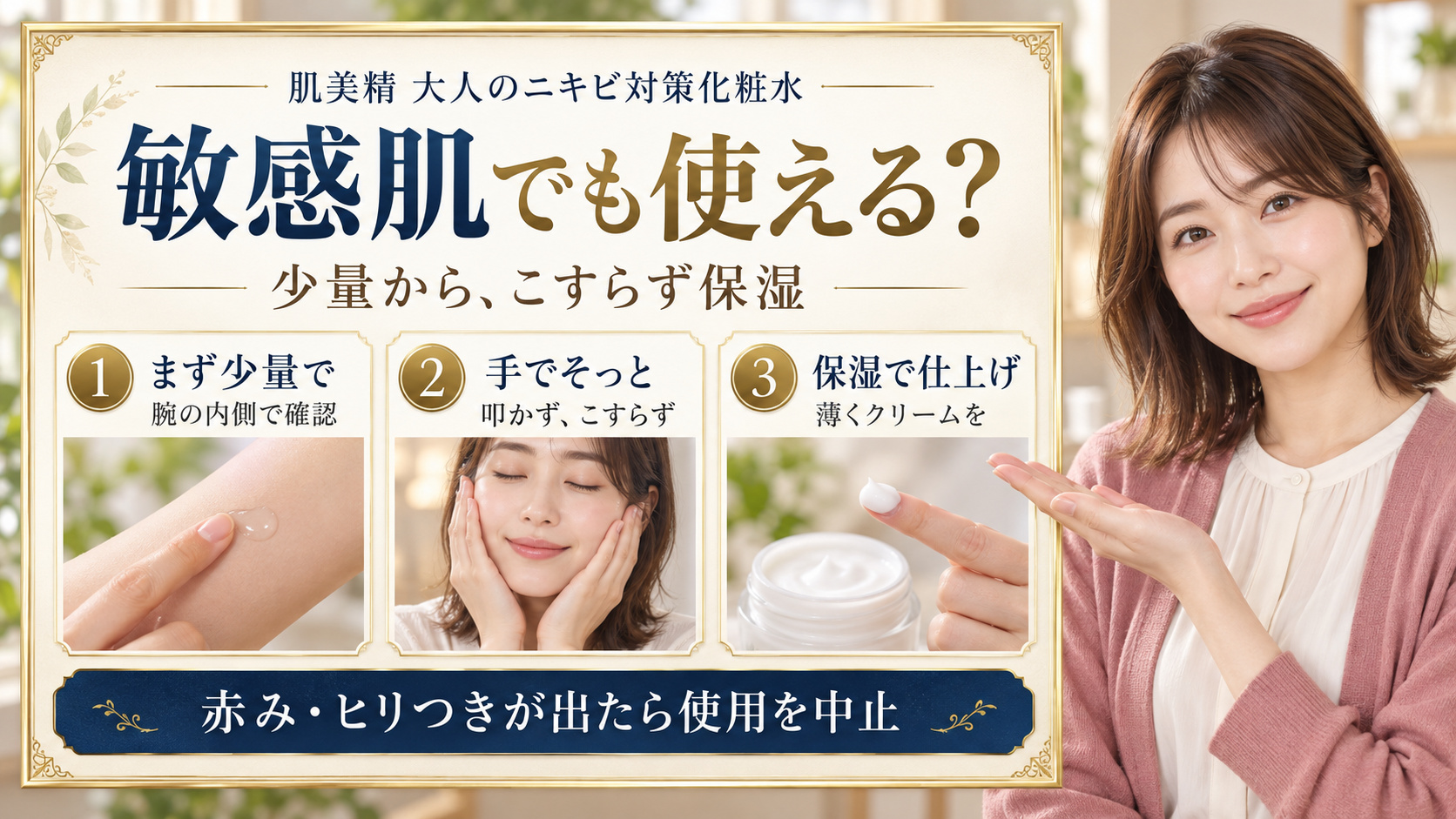 肌美精大人のニキビ対策化粧水を敏感肌で使う前の少量確認、手で穏やかになじませる方法、クリームで保湿する3つの手順