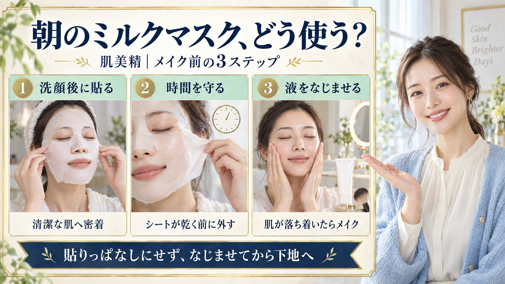 肌美精の朝のミルクマスクを洗顔後に貼り、乾く前に外して液をなじませ、肌が落ち着いてから下地へ進む3ステップ