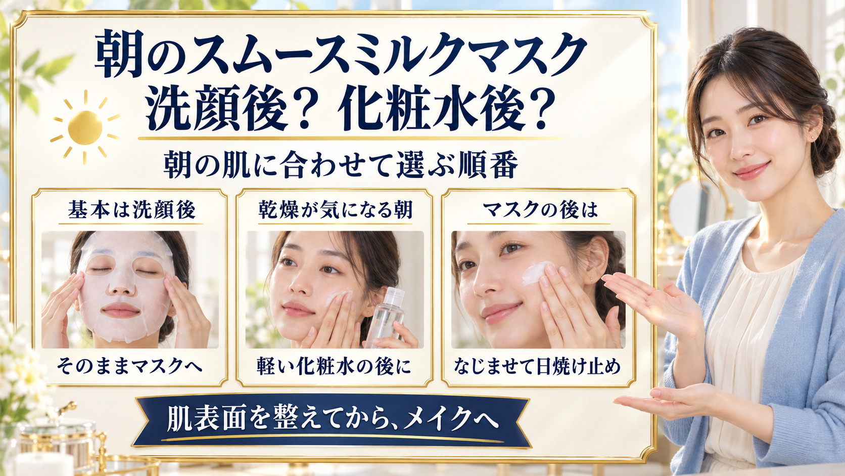 朝のスムースミルクマスクは基本的に洗顔後、乾燥時は軽い化粧水の後に使い、なじませてから日焼け止めとメイクへ進む