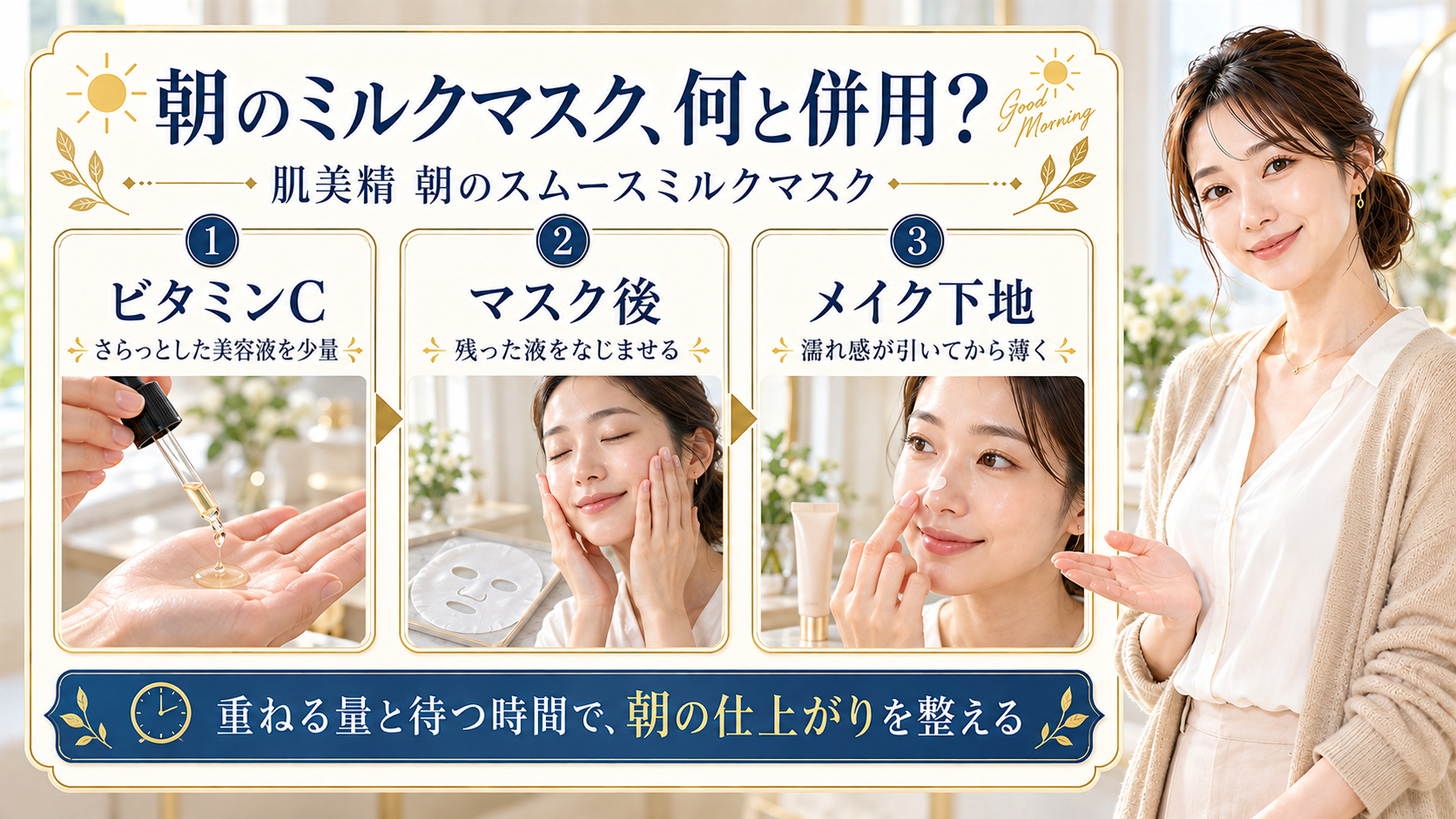 朝のスムースミルクマスクとビタミンC美容液、マスク後のなじませ方、濡れ感が引いてから薄く塗るメイク下地の3項目