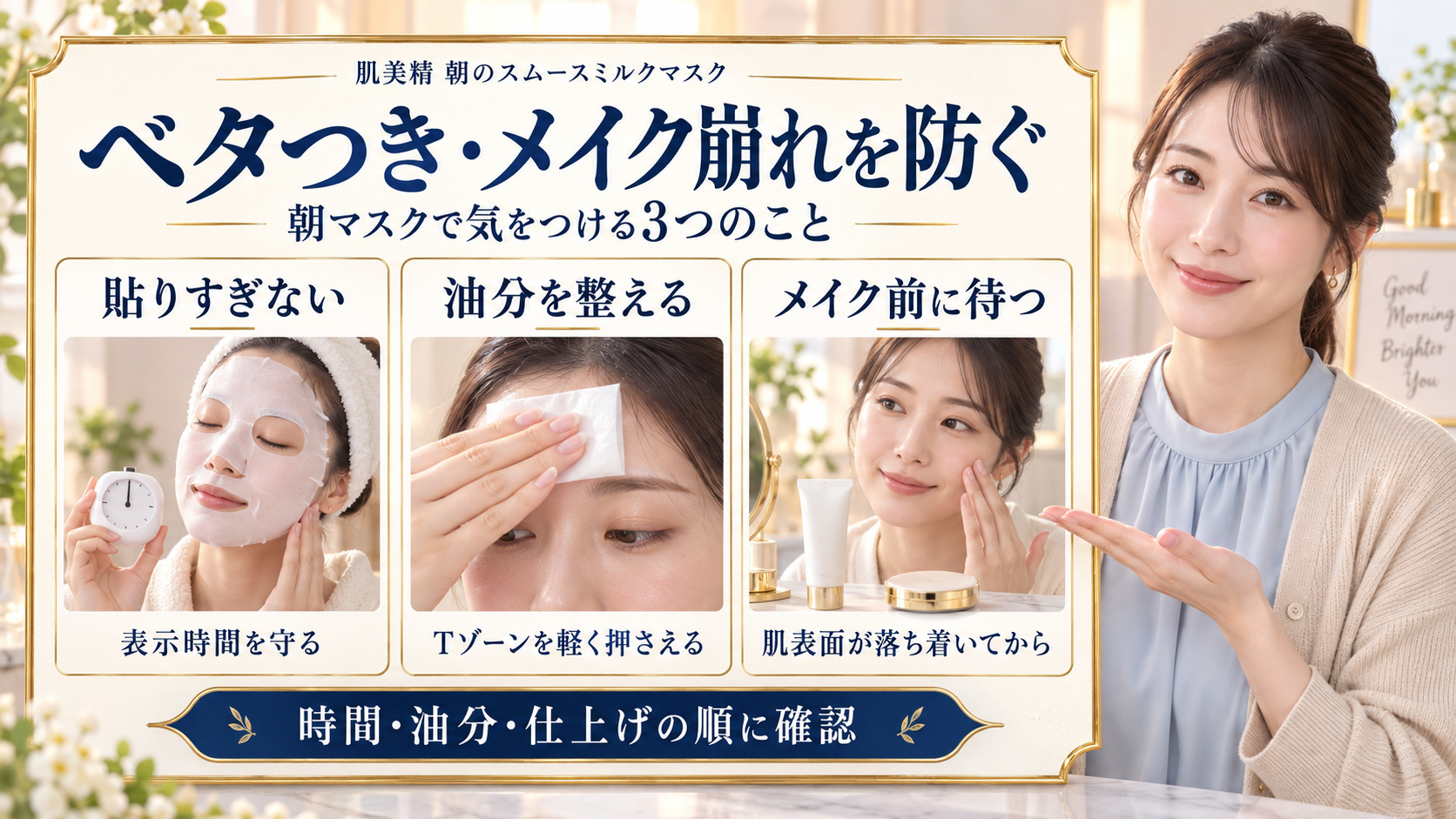 肌美精朝のスムースミルクマスクの注意点。表示時間を守り、Tゾーンを軽く押さえ、肌表面が落ち着いてからメイクする3つのポイント。