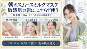 朝のスムースミルクマスクを敏感肌で使う前の成分と少量の確認、シートを引っ張らず乗せる方法、手のひらで保湿する方法を示す写真ボード