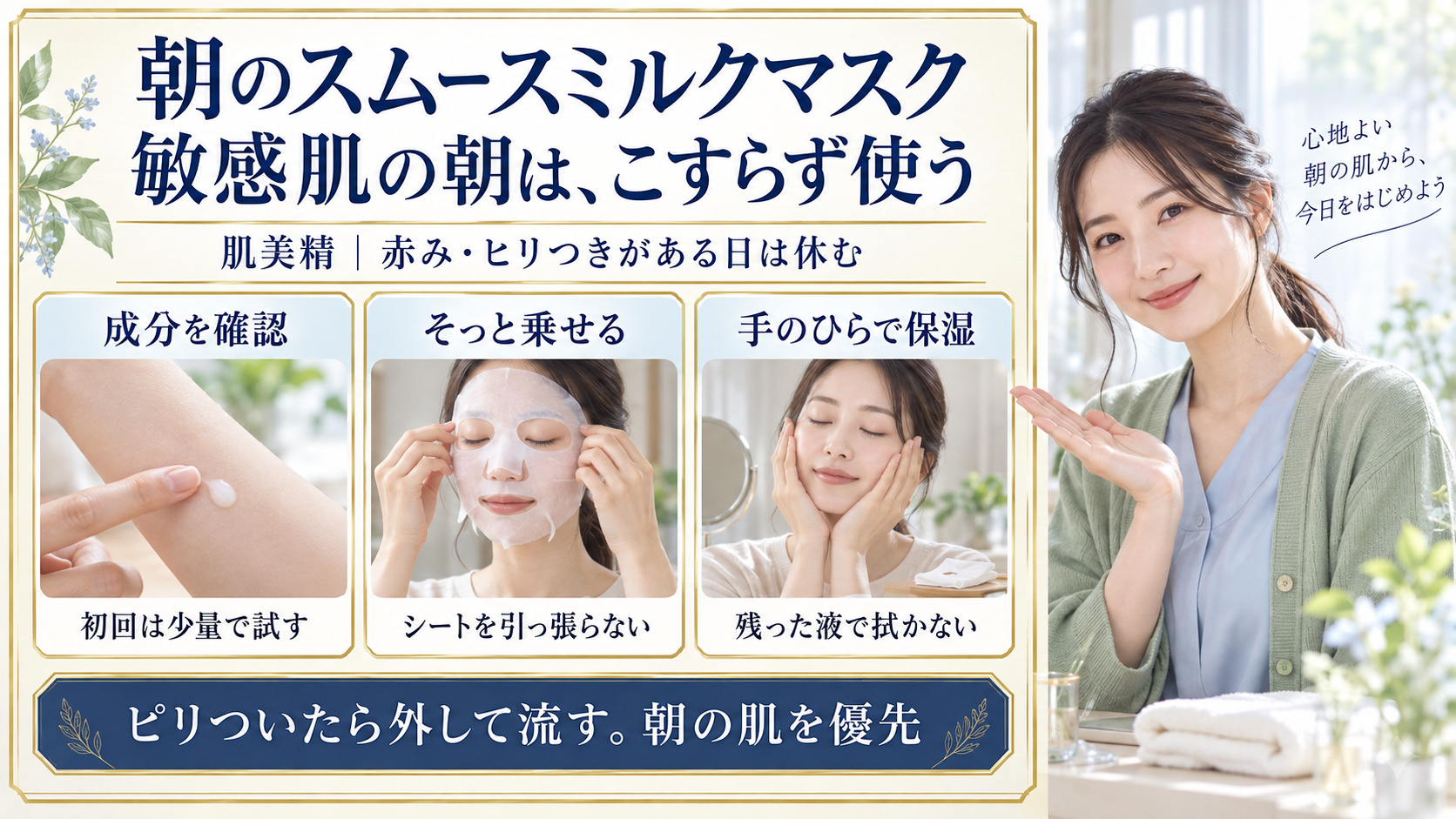 朝のスムースミルクマスクを敏感肌で使う前の成分と少量の確認、シートを引っ張らず乗せる方法、手のひらで保湿する方法を示す写真ボード