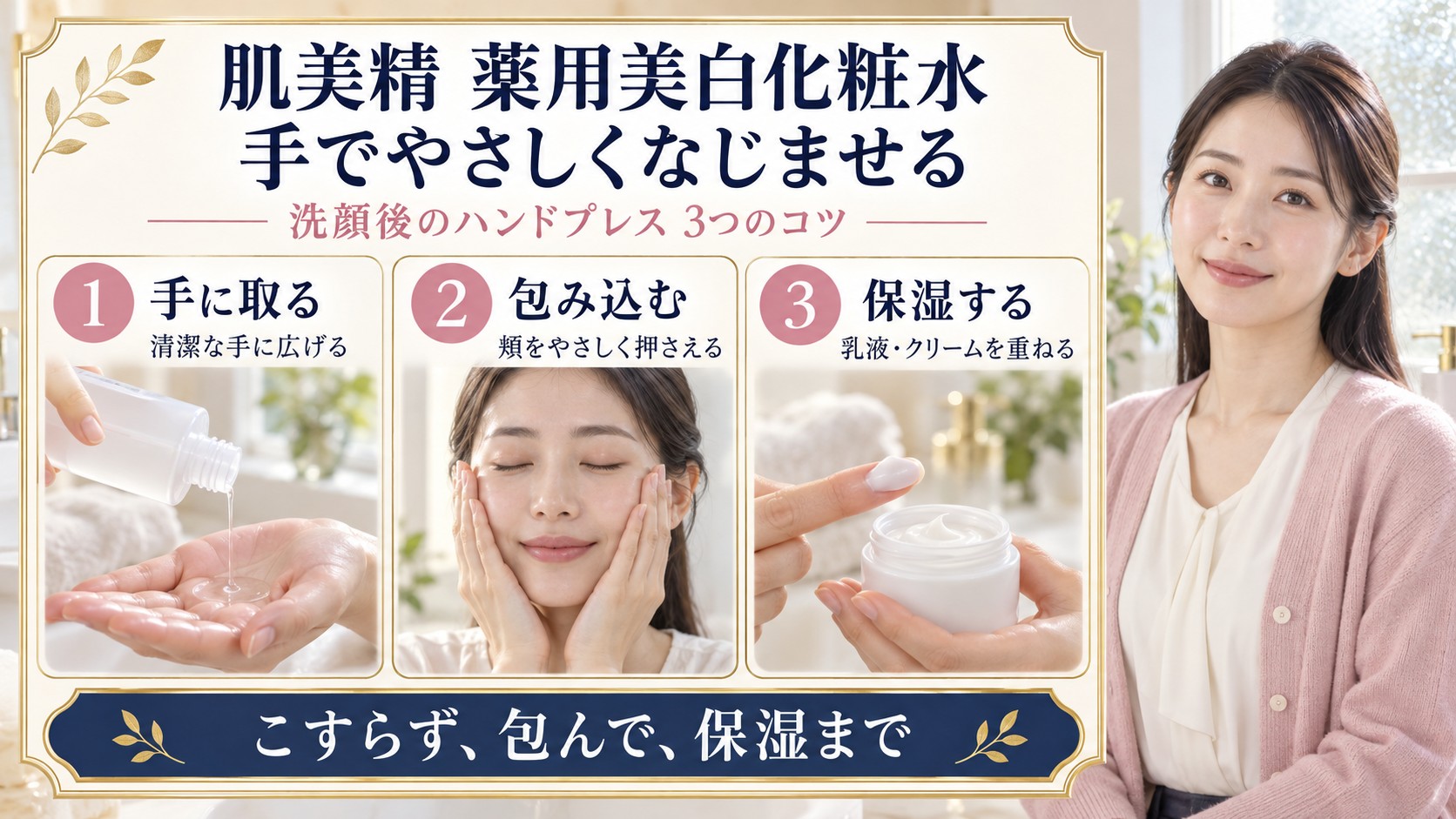 肌美精薬用美白化粧水を清潔な手に広げ、頬をやさしく包み、乳液・クリームで保湿する3つのコツを示す写真付きボード