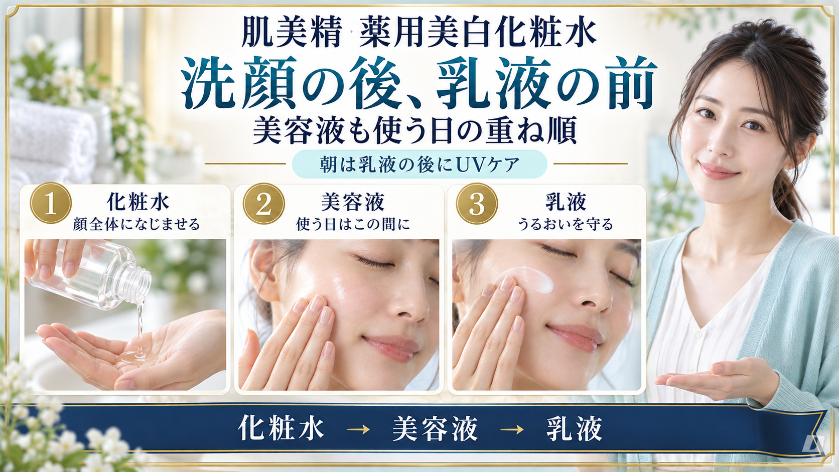 肌美精薬用美白化粧水は洗顔の後、乳液の前。美容液を使う日は化粧水、美容液、乳液の順に重ね、朝は乳液の後にUVケア。
