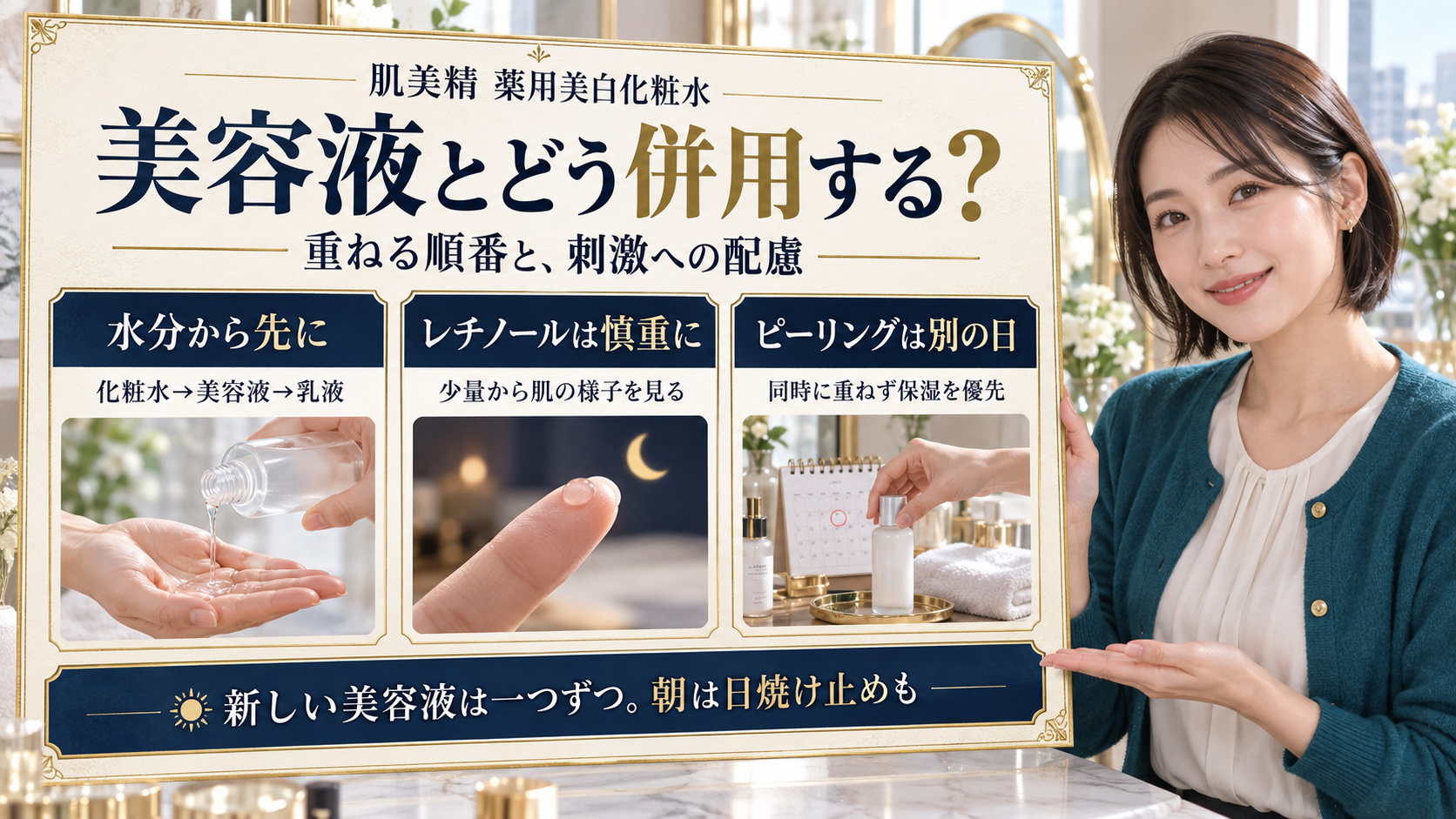 肌美精薬用美白化粧水と美容液の順番、レチノールの少量導入、ピーリングを別日にする注意点