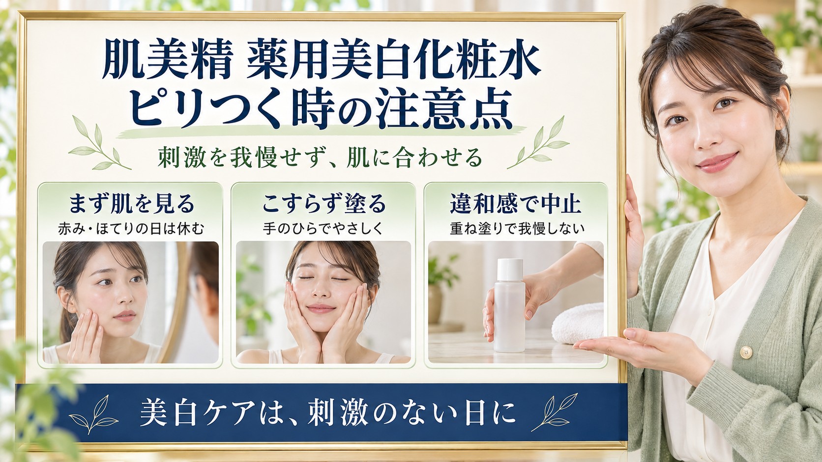 肌美精薬用美白化粧水は赤みやほてりの日は休み、こすらず手のひらでやさしく塗り、違和感があれば中止する。