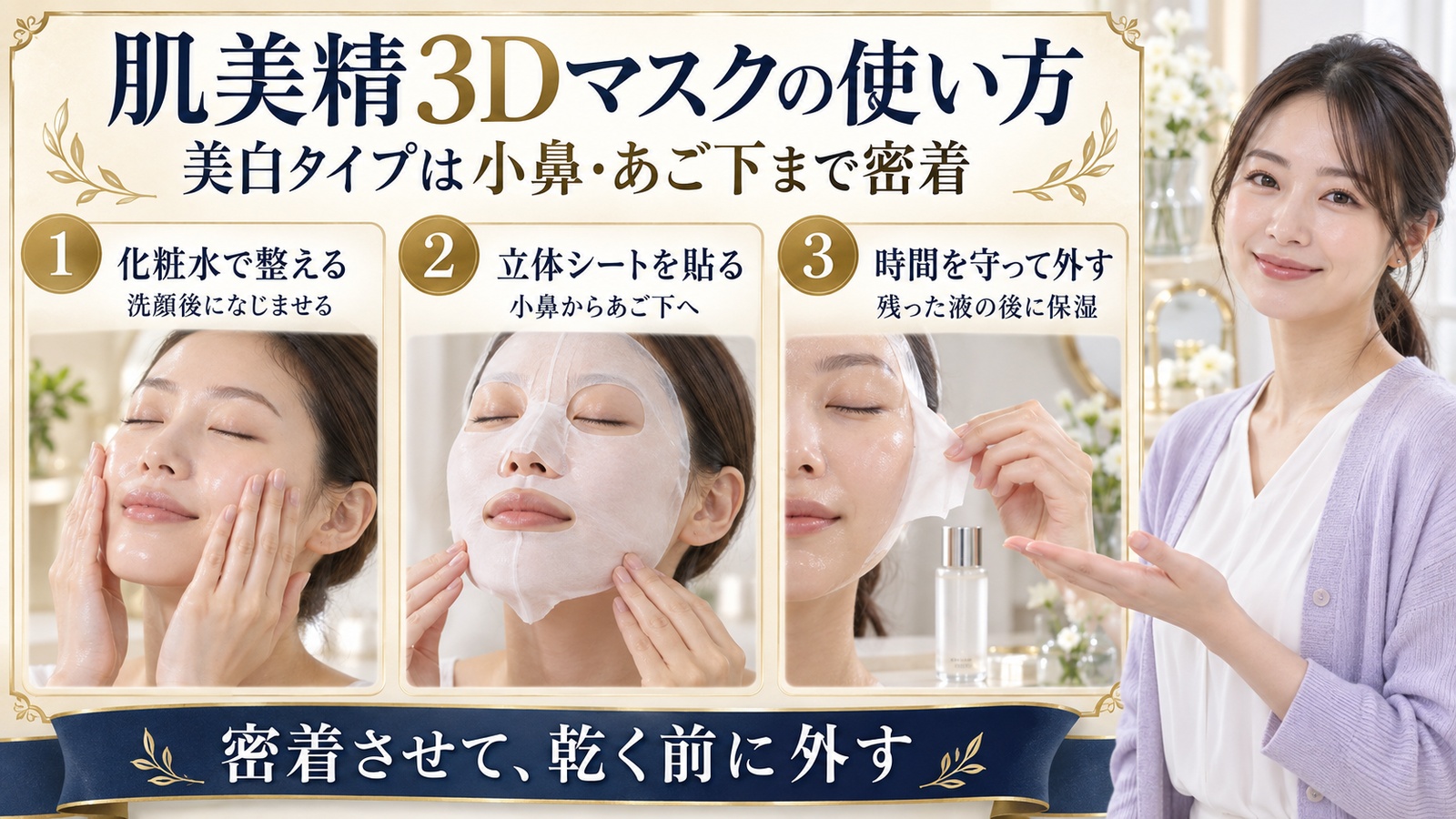 肌美精3Dマスク美白タイプは洗顔後の化粧水で整え、小鼻からあご下まで立体シートを密着させ、時間を守って外した後に保湿する。