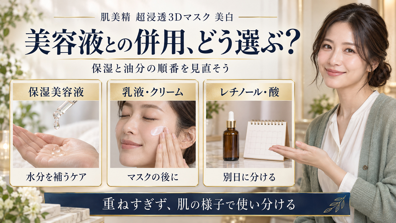 保湿美容液で水分を補い、乳液やクリームはマスク後に使い、レチノールや酸は別日に分ける併用の目安