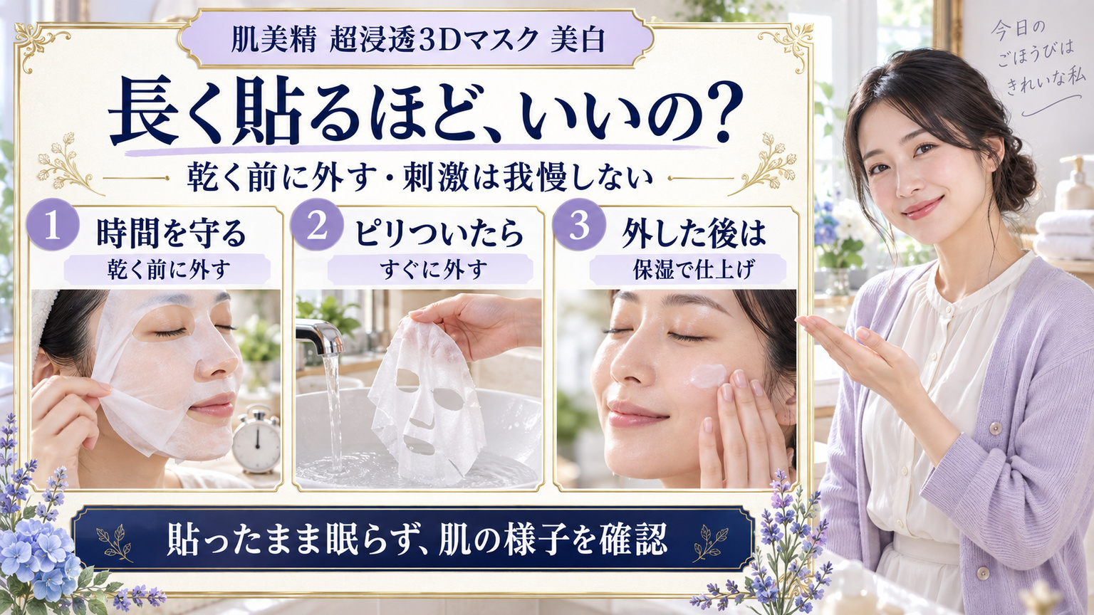 肌美精超浸透3Dマスク美白は乾く前に外し、ピリついたらすぐ外して、使用後は保湿する3つの注意点