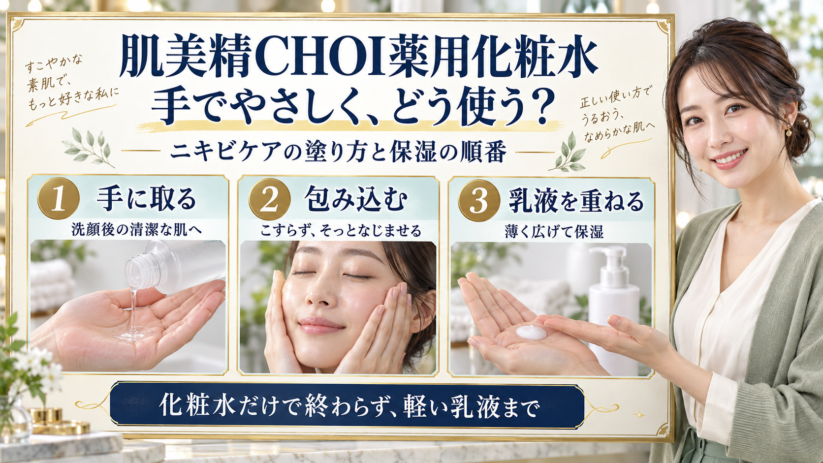 肌美精CHOI薬用化粧水を手に取り、こすらず包み込んでなじませ、軽い乳液で保湿する三つの手順