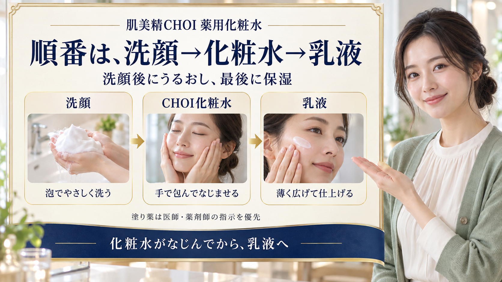 肌美精CHOI薬用化粧水の順番は洗顔・化粧水・乳液。泡洗顔、ハンドプレス、乳液の薄塗りを三写真で示す。