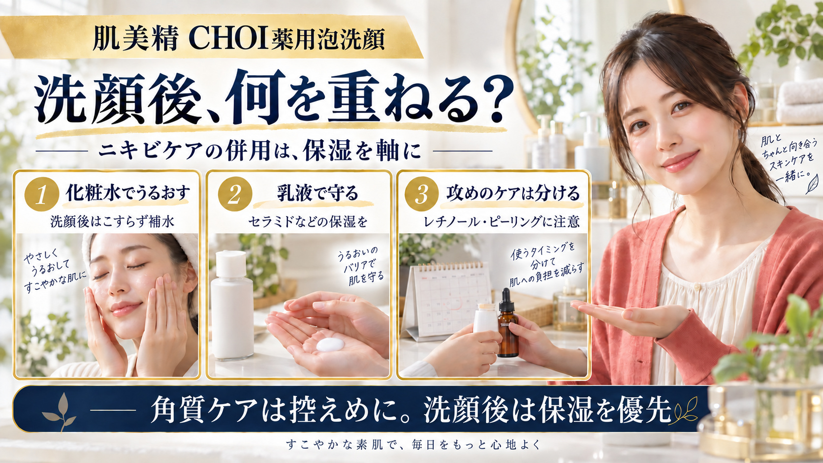 肌美精CHOI泡洗顔後の化粧水、保湿乳液、レチノールやピーリングとの使い分けを示すアイキャッチ