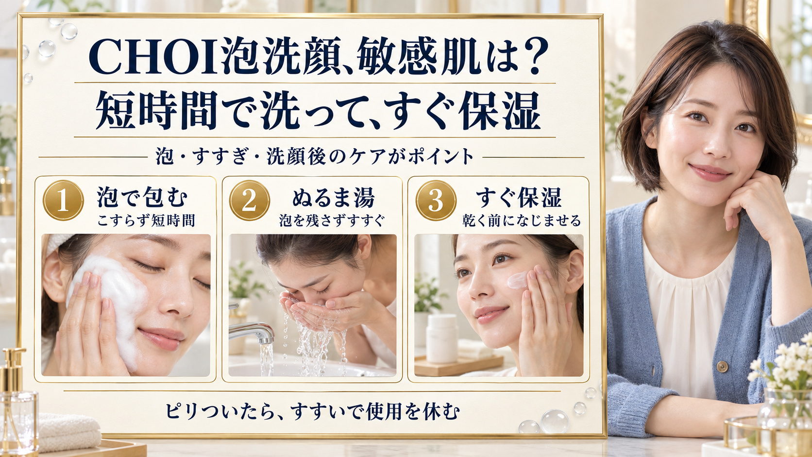 CHOI泡洗顔を敏感肌で使うときは泡で短時間洗い、ぬるま湯ですすぎ、乾く前に保湿する3ステップ