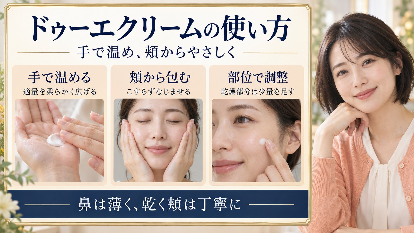 ドゥーエクリームを手で温め、頬からこすらず包み、乾燥部分には少量を足す三段階の塗り方。