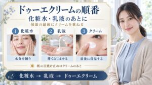 化粧水で水分を補い、乳液を薄くなじませ、最後にドゥーエクリームで保湿する順番と朝の日焼け止めの位置を示すボード