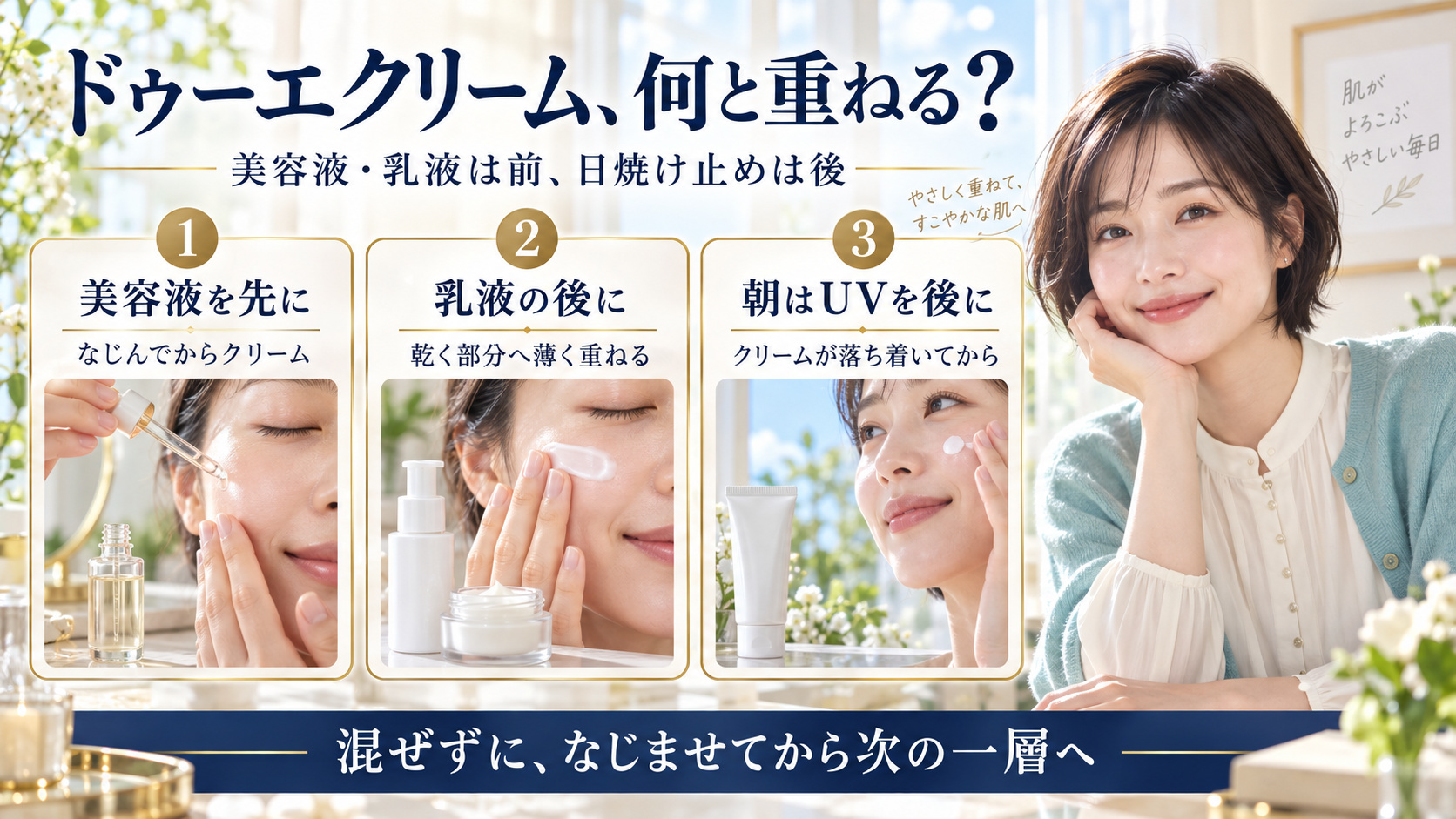 ドゥーエクリームを重ねる順番。美容液と乳液はクリームの前、朝の日焼け止めはクリームがなじんだ後。混ぜずになじませてから次の一層へ進む。
