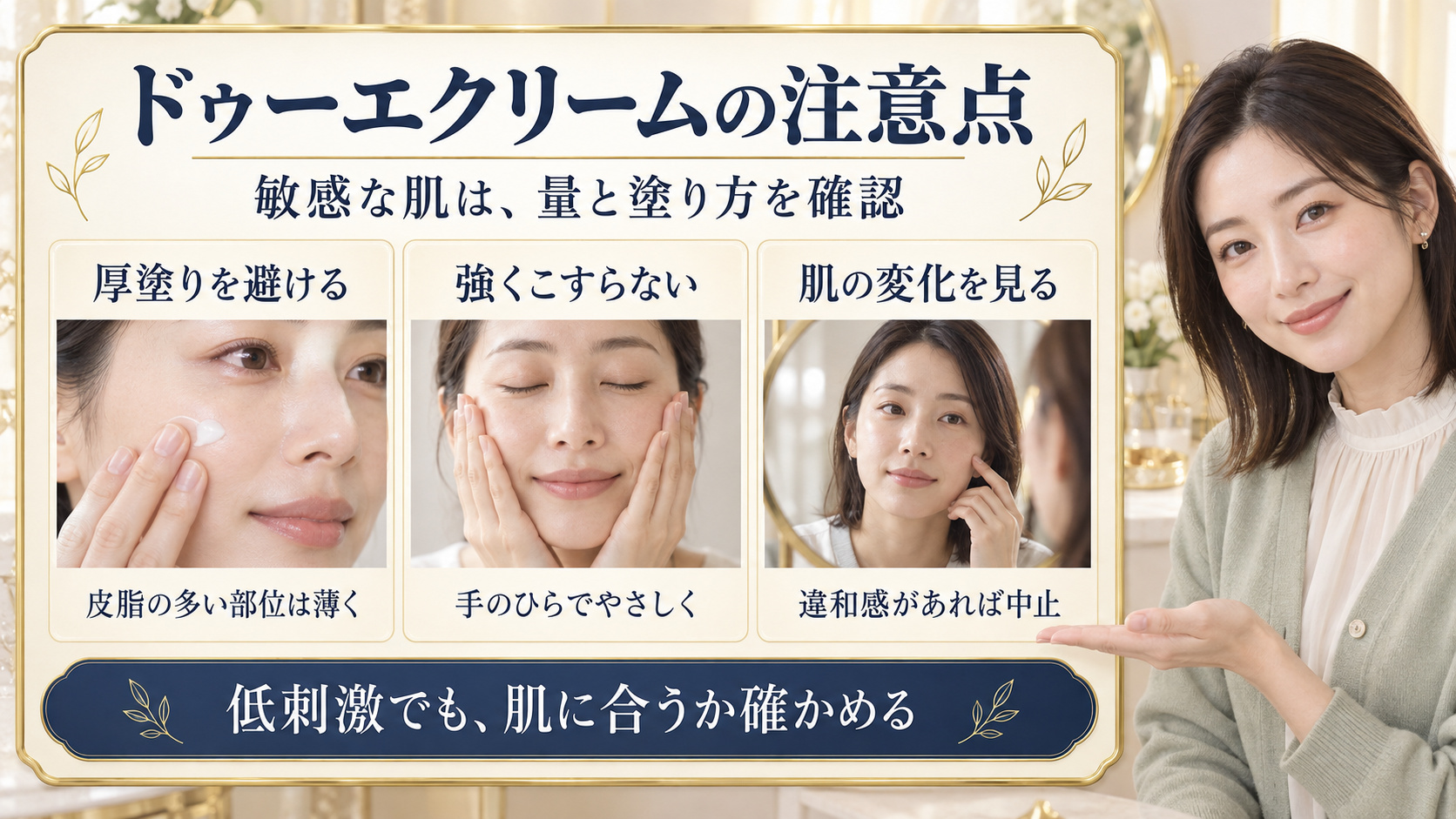 ドゥーエクリームは厚塗りを避け、強くこすらず手のひらでやさしくなじませ、違和感があれば中止するという敏感肌向けの注意点