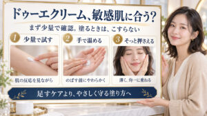 ドゥーエクリームの敏感肌向けに、少量で試す、手で温める、こすらず薄く押さえる三段階を写真で示すボード