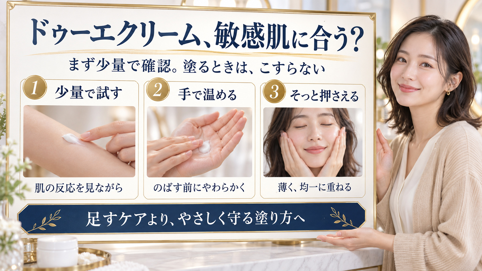 ドゥーエクリームの敏感肌向けに、少量で試す、手で温める、こすらず薄く押さえる三段階を写真で示すボード