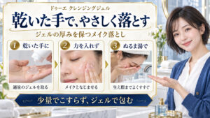 ドゥーエクレンジングジェルを乾いた手に取り、力を入れずメイクとなじませ、ぬるま湯で生え際までよくすすぐ3つの手順。