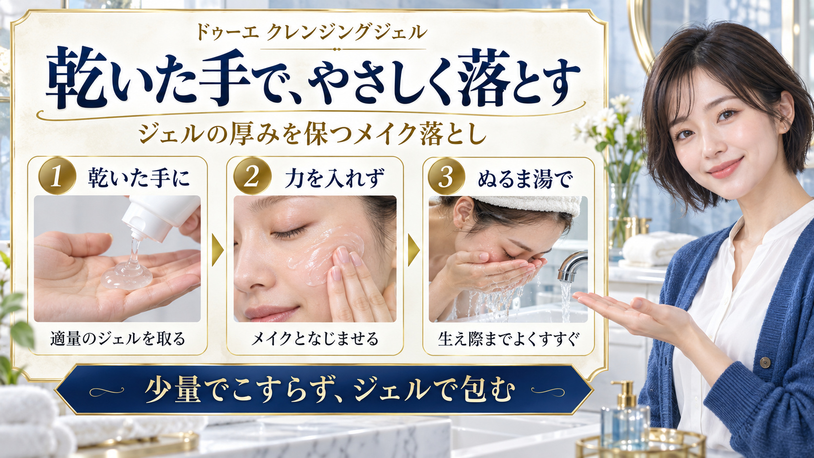 ドゥーエクレンジングジェルを乾いた手に取り、力を入れずメイクとなじませ、ぬるま湯で生え際までよくすすぐ3つの手順。