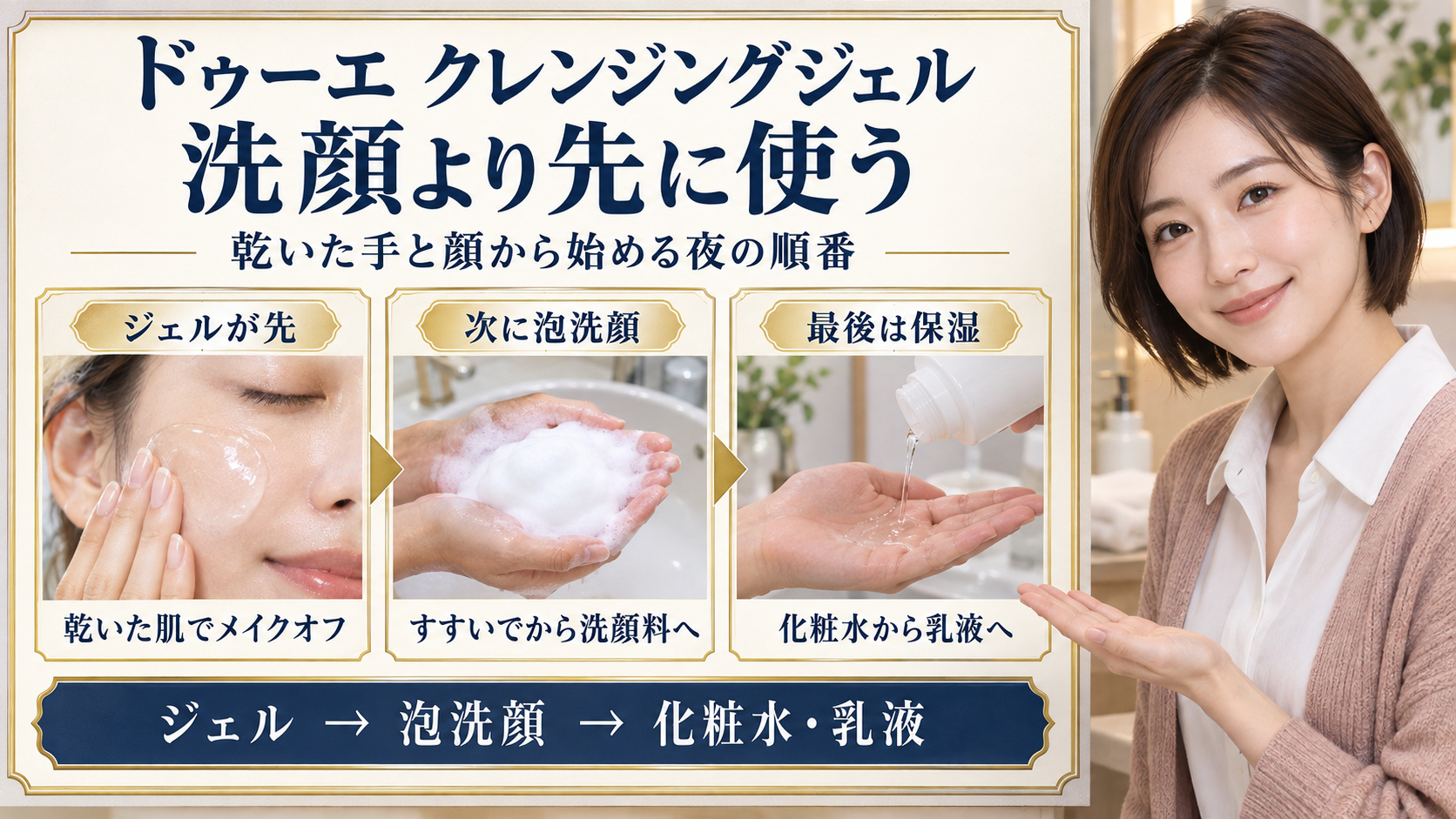 ドゥーエのクレンジングジェルを乾いた肌で先に使い、すすいで泡洗顔をし、最後に化粧水と乳液で保湿する順番
