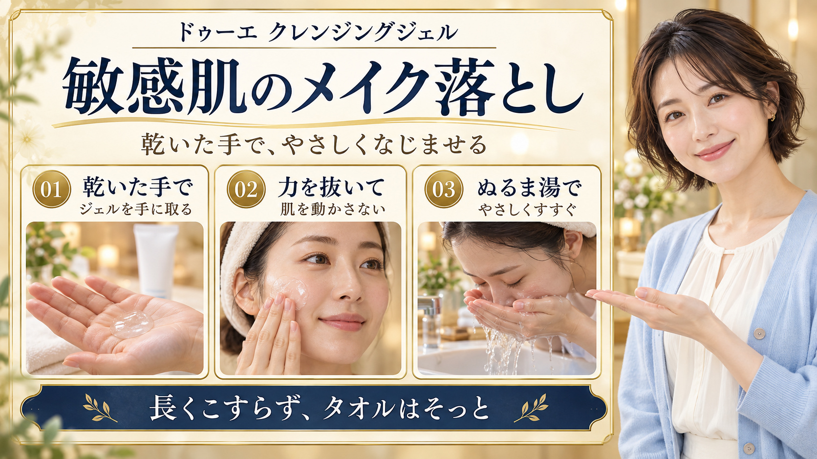 ドゥーエ クレンジングジェルを乾いた手に取り、力を抜いてなじませ、ぬるま湯でやさしくすすぐ3つの手順