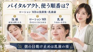 バイタルアクト ローション MBは洗顔後、乳液前に使用。洗顔、水気を押さえる、ローションを手のひらでなじませる、乳液でうるおいを守る順番。朝の日焼け止めは乳液の後。
