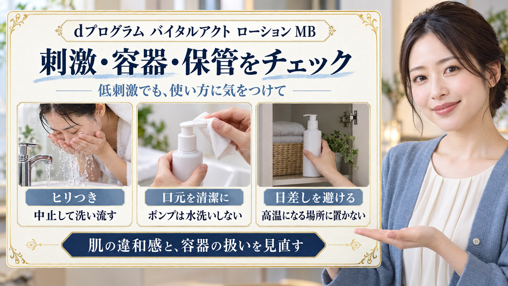 バイタルアクト ローション MBの注意点として、ヒリつき時の中止と洗浄、ポンプ口元の衛生管理、日差しと高温を避けた保管を示す