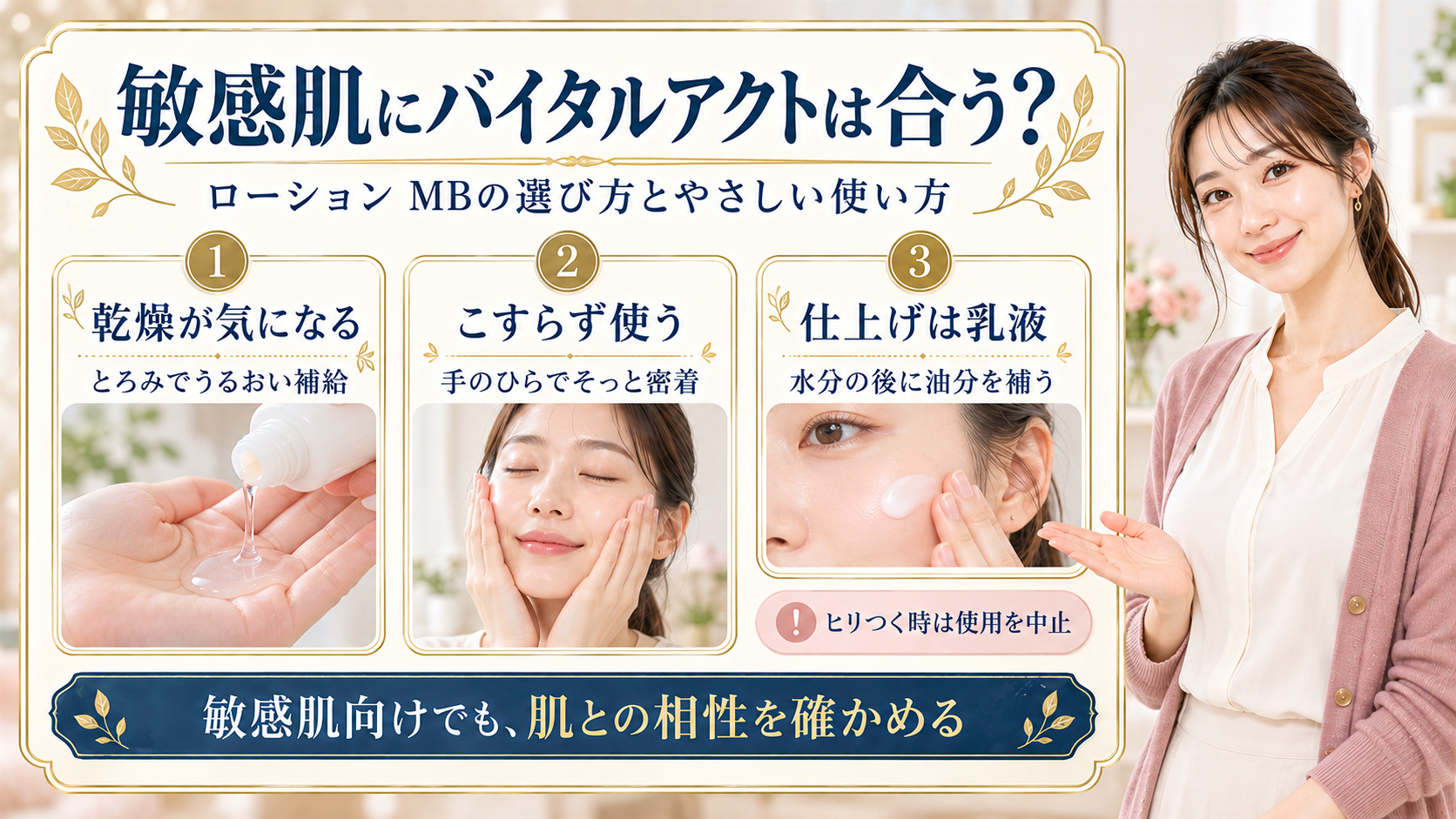 敏感肌のバイタルアクト ローション MB選び。とろみで保湿し手のひらでやさしく密着、乳液で仕上げ、ヒリつく時は中止して肌との相性を確認