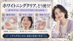 ホワイトニングクリアローションを洗顔後に手に取り、顔をやさしく包んでなじませ、乳液で保湿する3つの写真手順