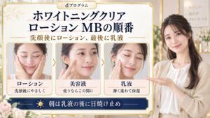 dプログラムホワイトニングクリアローションMBは洗顔後。美容液を使うならローションと乳液の間、朝は乳液の後に日焼け止めを重ねる。