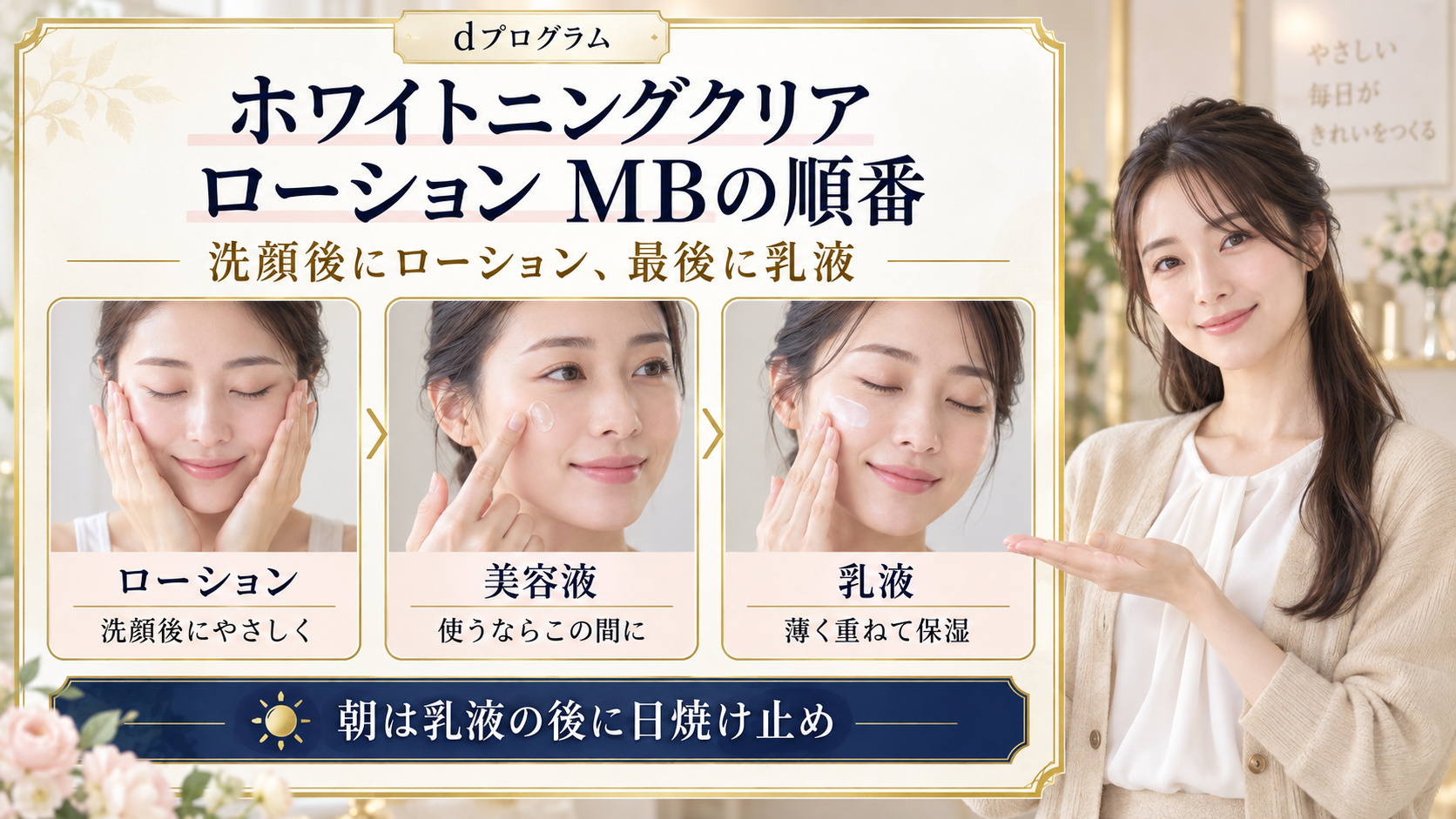 dプログラムホワイトニングクリアローションMBは洗顔後。美容液を使うならローションと乳液の間、朝は乳液の後に日焼け止めを重ねる。