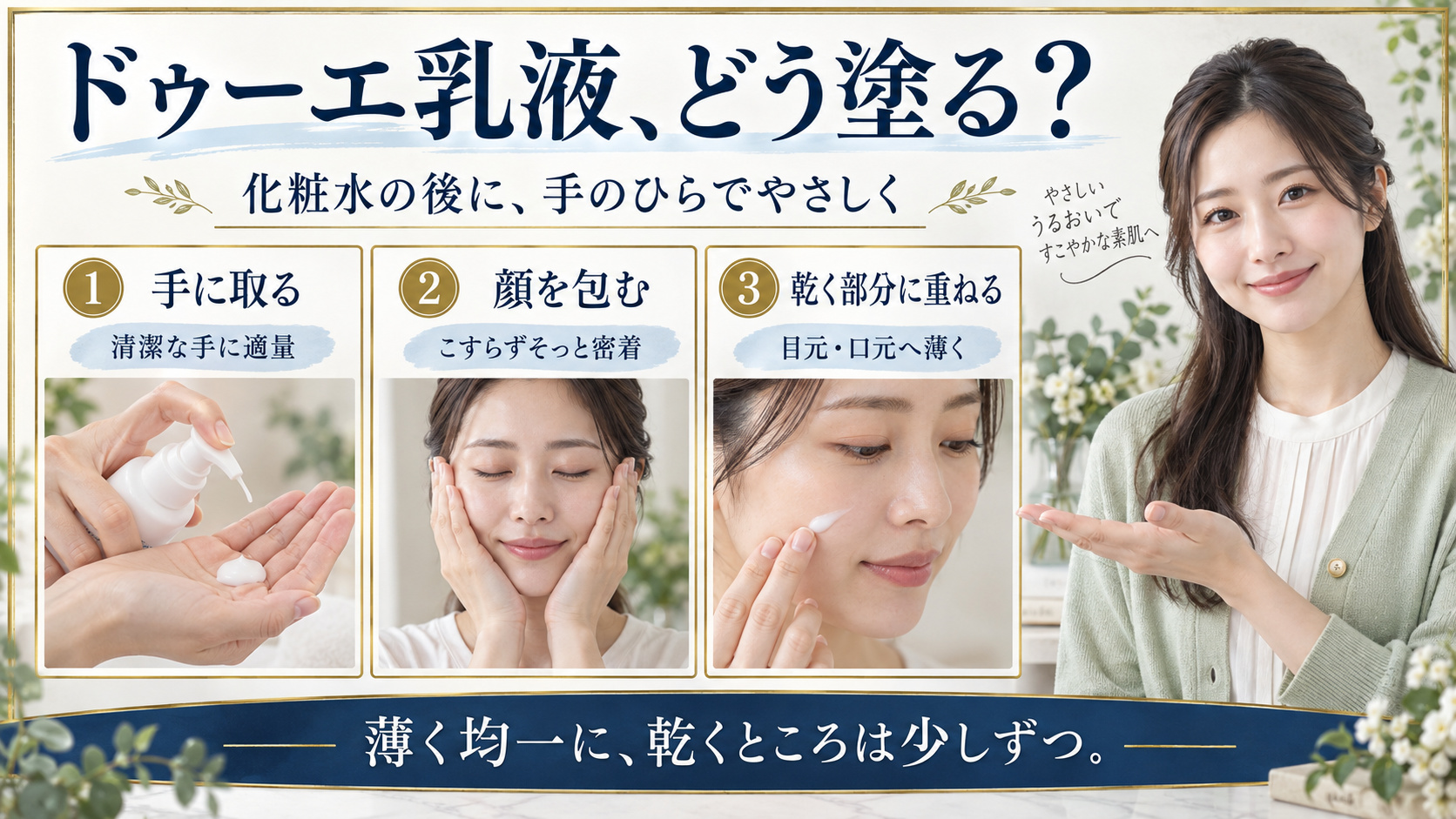 ドゥーエ乳液は化粧水の後に清潔な手へ適量を取り、こすらず手のひらで顔を包み、乾く目元や口元には薄く重ねる。