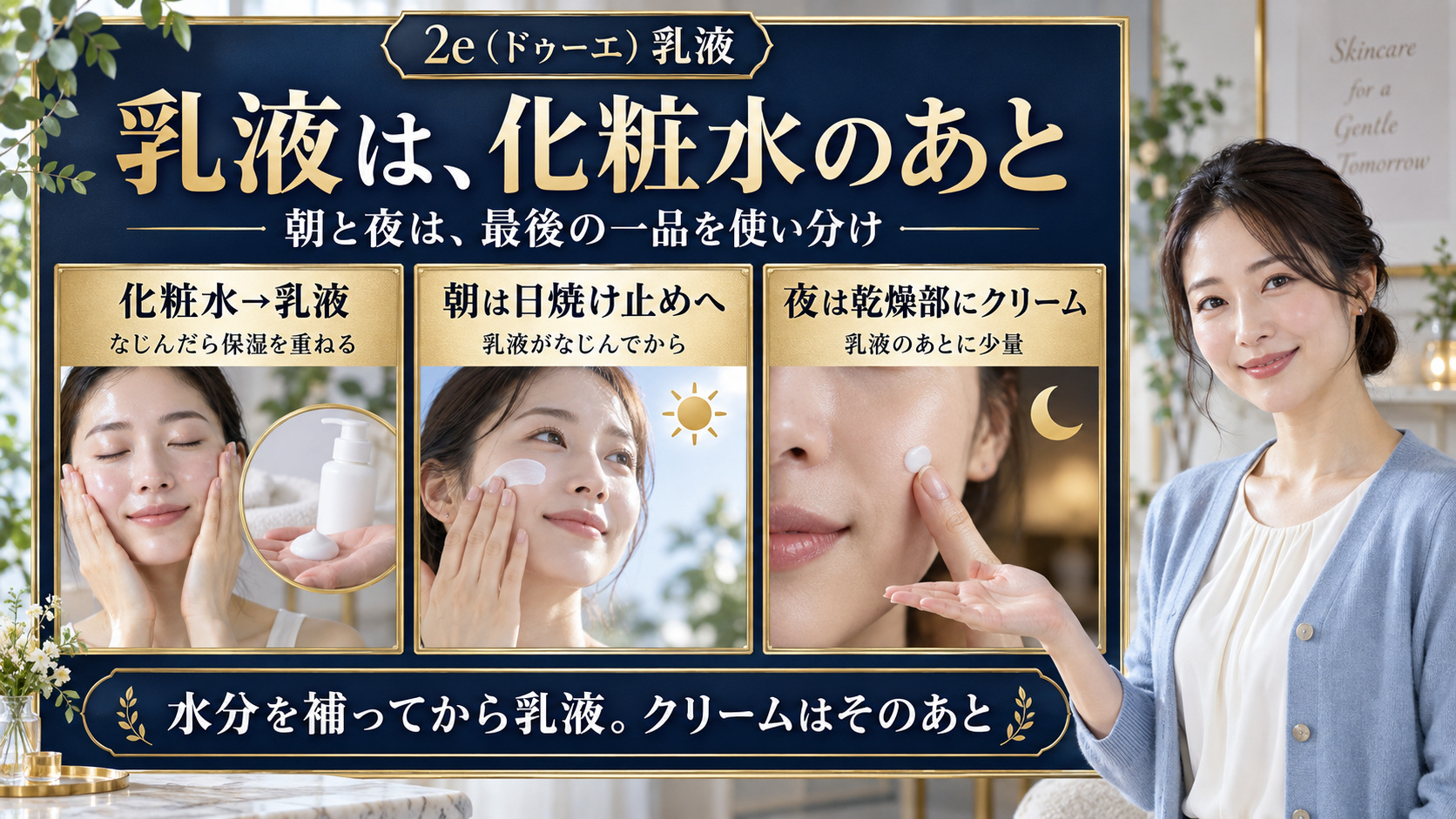 ドゥーエ乳液を化粧水のあとに使い、朝は日焼け止め、夜は乾燥部分にクリームを重ねる順番を示すアイキャッチ