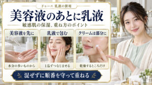 ドゥーエ乳液の併用。水分の多い美容液を先に、乳液を1品ずつなじませ、クリームは乾燥部分だけに重ねる保湿の順番。