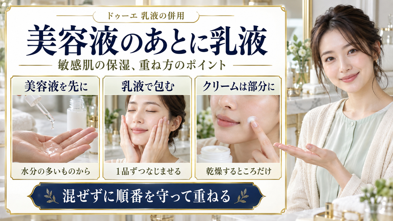 ドゥーエ乳液の併用。水分の多い美容液を先に、乳液を1品ずつなじませ、クリームは乾燥部分だけに重ねる保湿の順番。